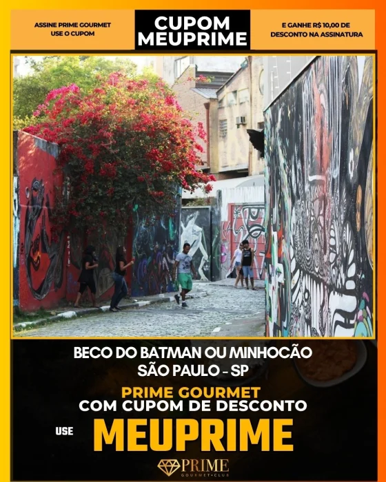 Beco do Batman ou Minhocão em São Paulo - cupom Prime Gourmet MEUPRIME com R$10 de desconto